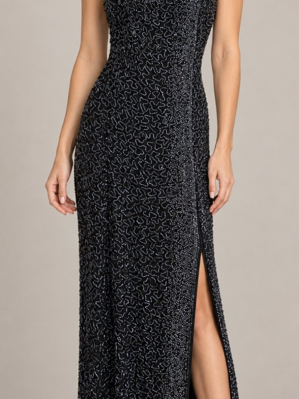 Sean Collection Black Beaded Silk Open Back Slit Maxi Gown M
